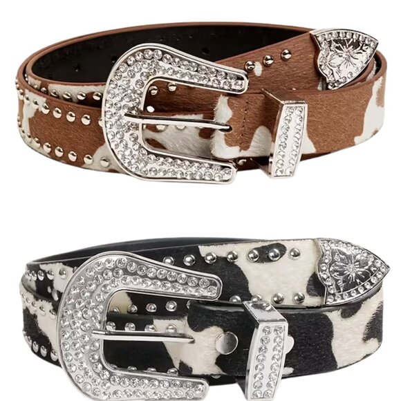 Cow Print Rivet Belt with Rhinestone Buckle, Street Style, Fashion Accessory Lg - Picture 2 of 4